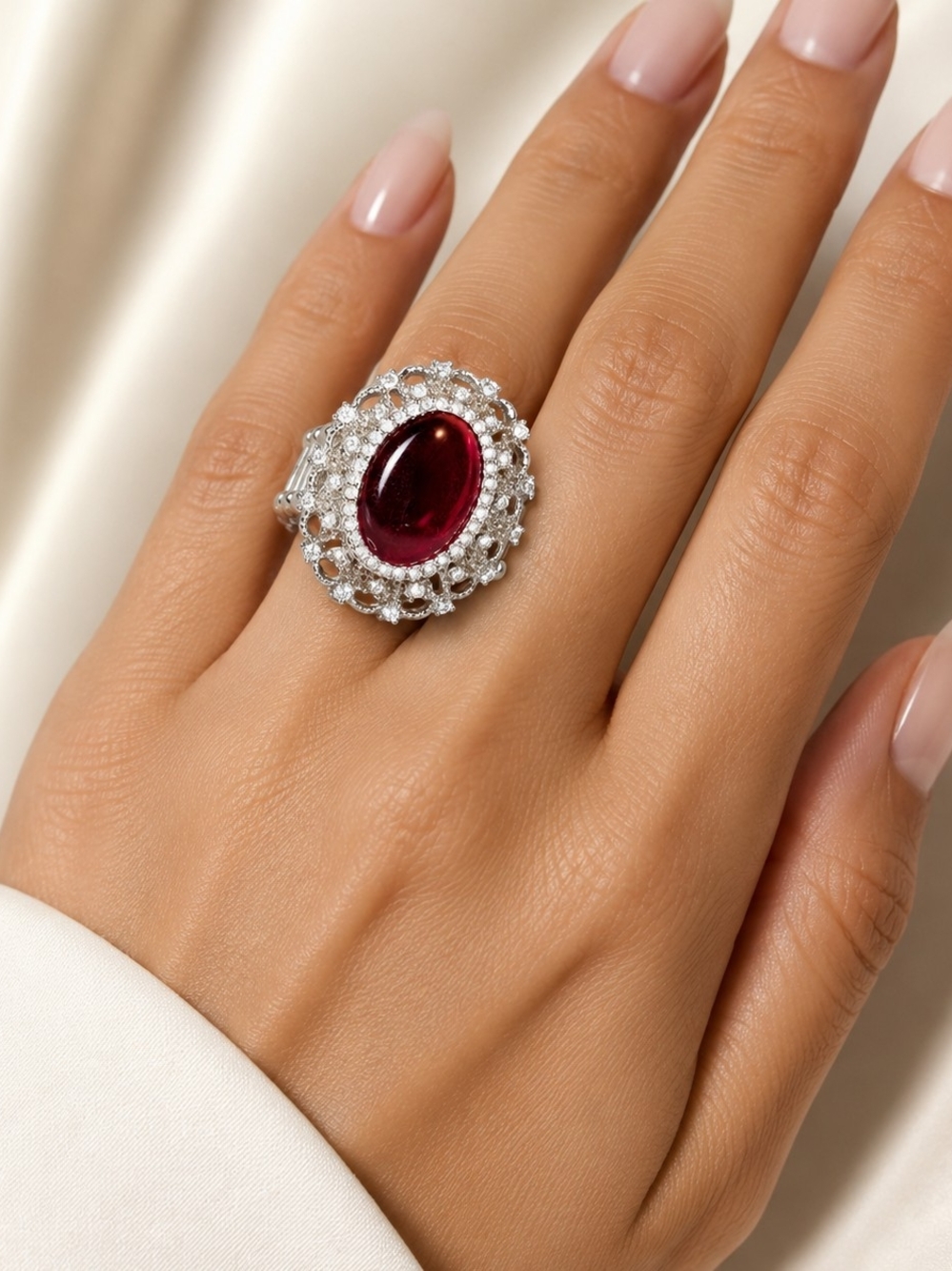 Red Cabochon Stretch Ring Silver Tone Rhinestone Statement Ring Size 8